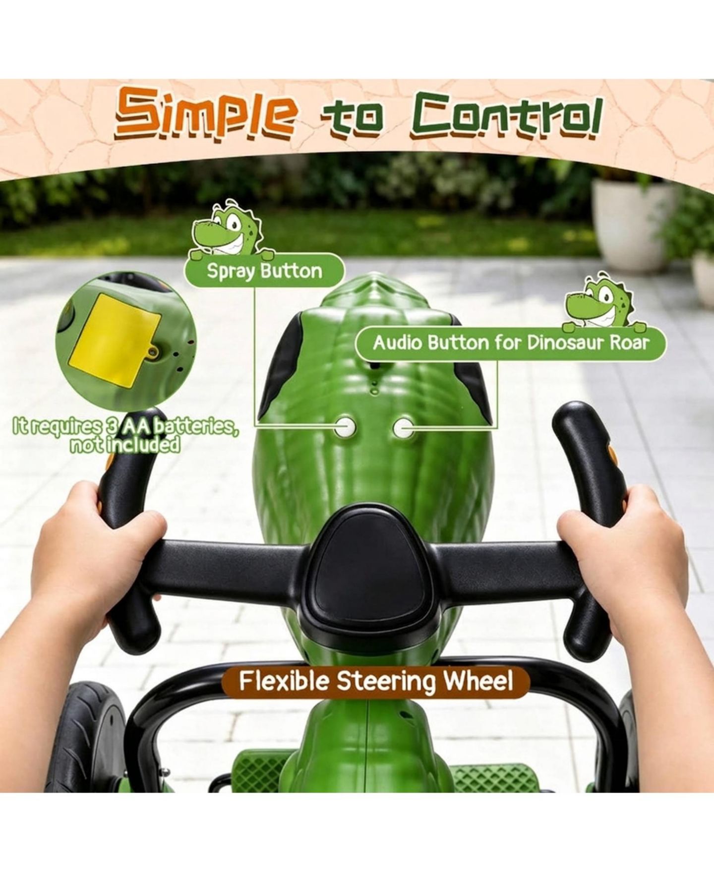 Детская игрушка HONGGE Dinosaur Drift Tricycle with Mist Spray, Roar Sound & Lighted Head, 66 lb Capacity, Ages 3-8, цвет: Зелёный — фото 7