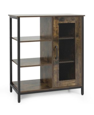 Industrial Mesh Door Side Cabinet with Open Shelves