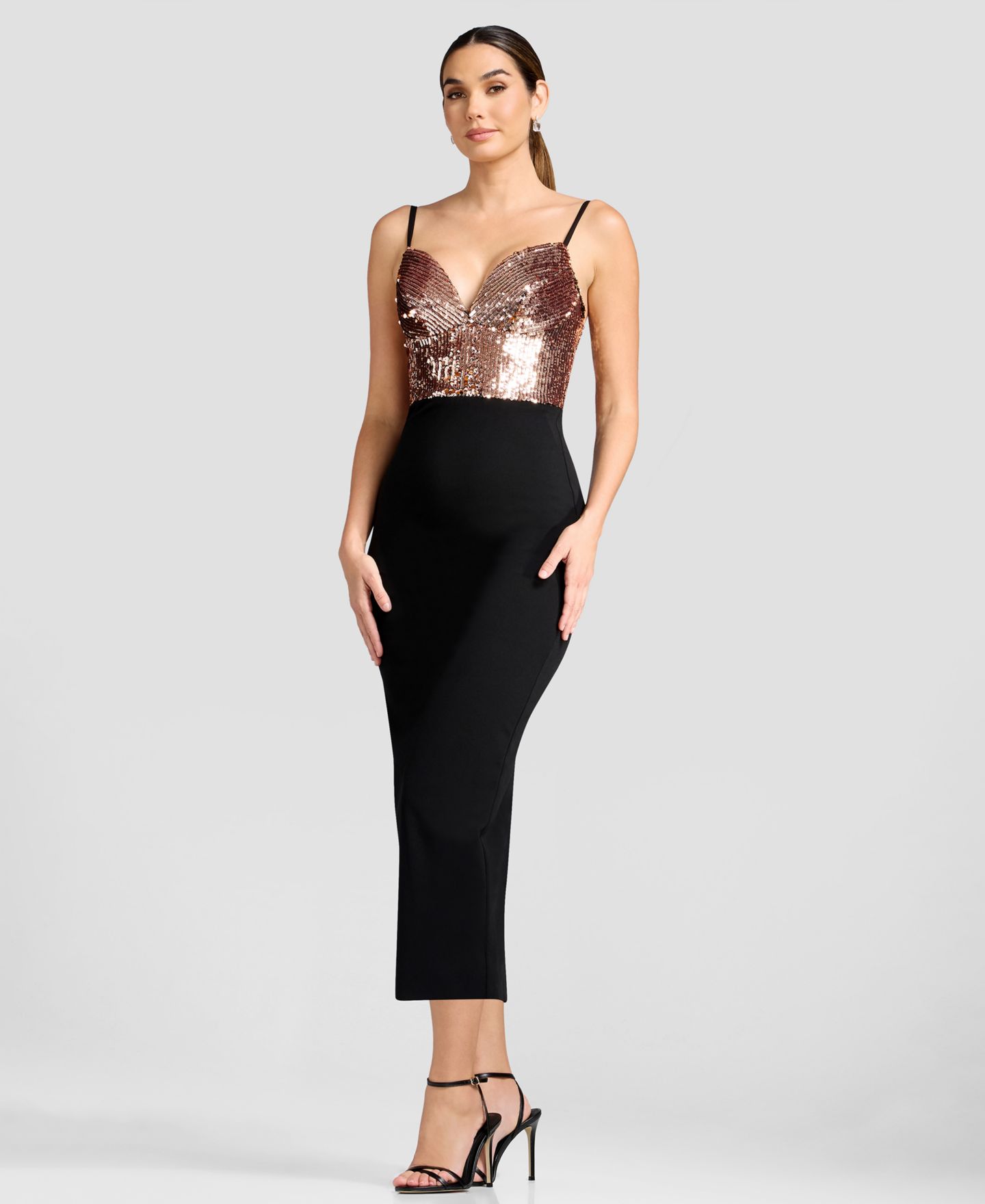 Женское платье Dress the Population Elana Sequin Tea-Length Sweetheart, цвет: Розовое золото разноцветный — фото 2