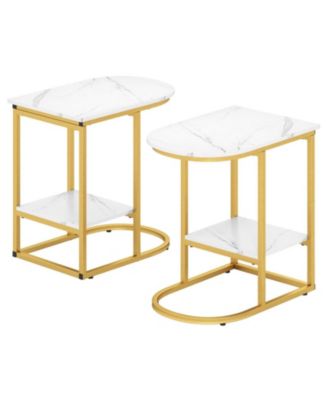 C-Shaped Modern Sofa Side Table with Storage Shelf Faux and Marble Tabletop