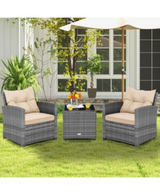 3Piece Patio Rattan Furniture Bistro Set Cushioned Sofas Side Table Armrest