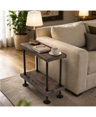 Industrial Rectangle Solid Wood End Table, 2-Tier Shelves