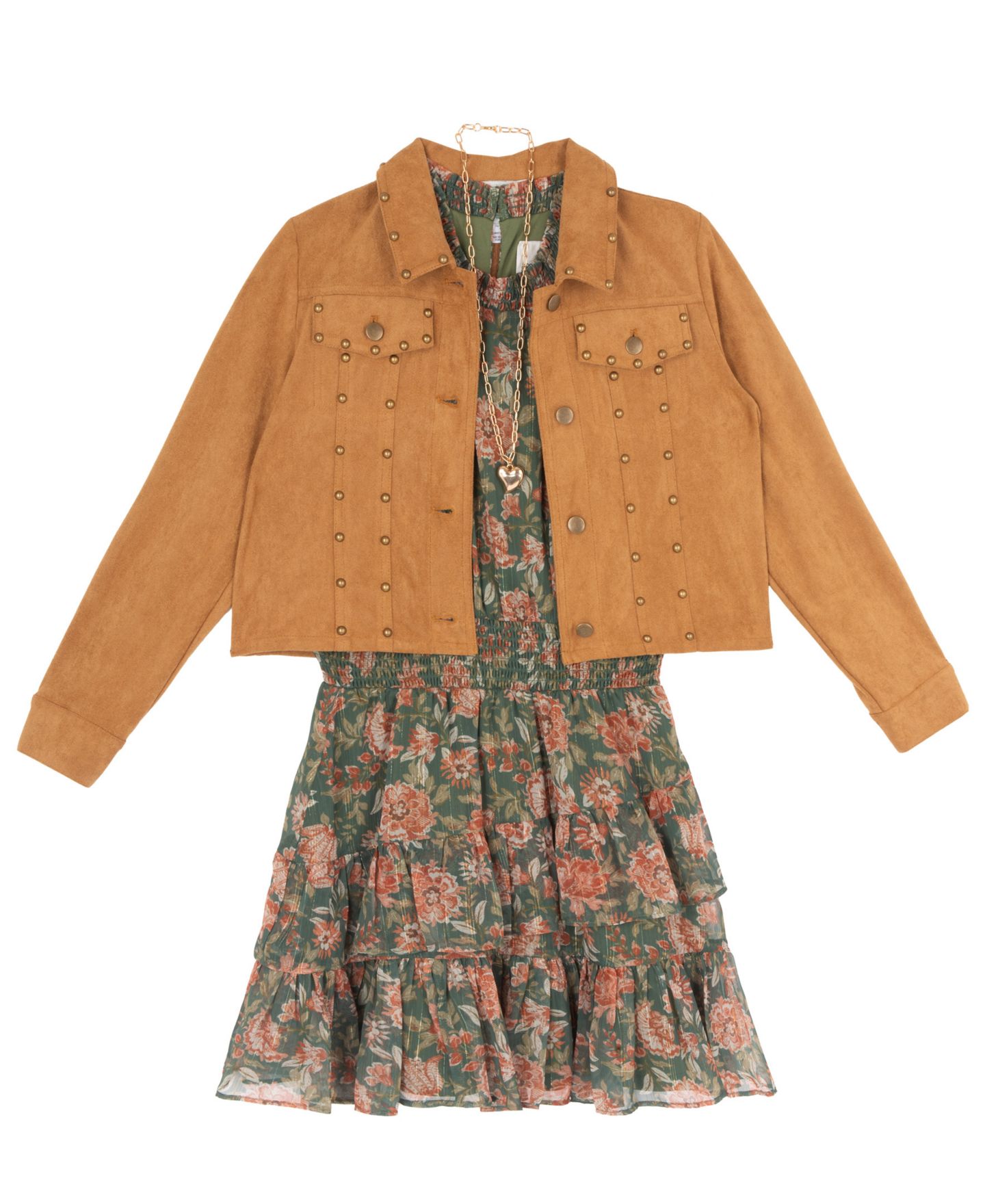 Комплекты Rare Editions Floral-Print Tiered-Ruffle Dress with Faux Suede Jacket and Necklace, 3-Piece Set для девочек, цвет: Оливковый — фото 5