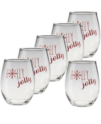 Holiday Holly Jolly Stemless Wine Glasses, Set of 6