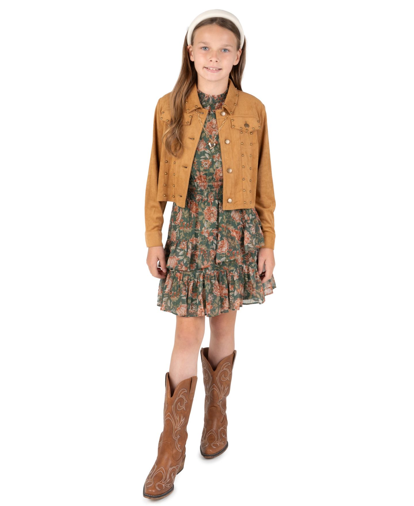 Комплекты Rare Editions Floral-Print Tiered-Ruffle Dress with Faux Suede Jacket and Necklace, 3-Piece Set для девочек, цвет: Оливковый — фото 1
