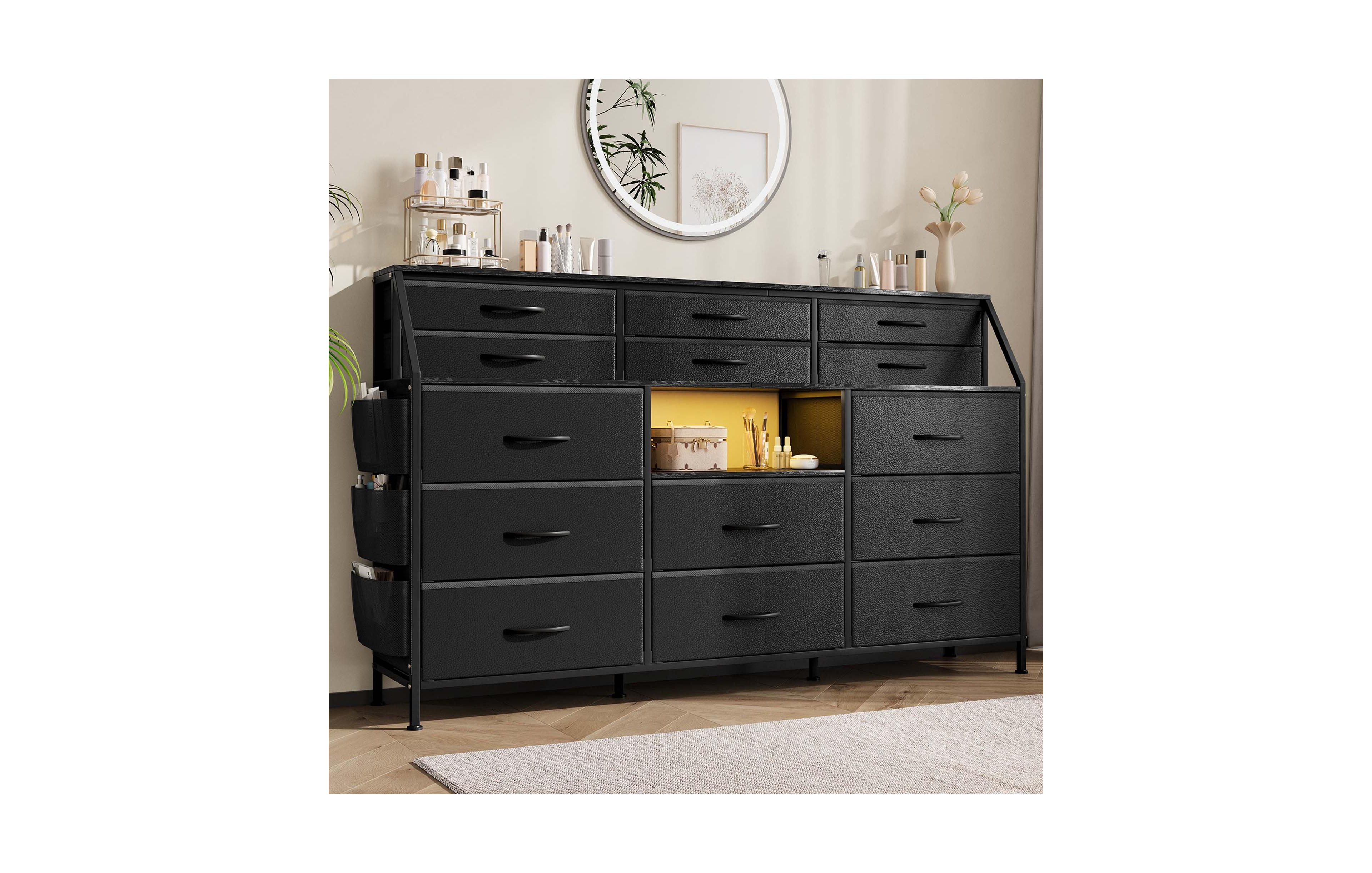 homfan 55 Inch 14-Drawer Wood Led Lighted Charging Station Dresser Tv Stand