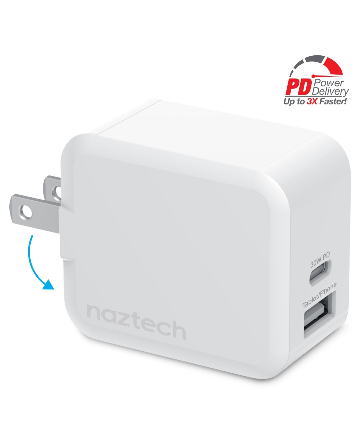 Naztech 30W Usb-c Power Delivery + 12W Usb Fast Charge Wall Charger for iPhone, iPad, Android Devices