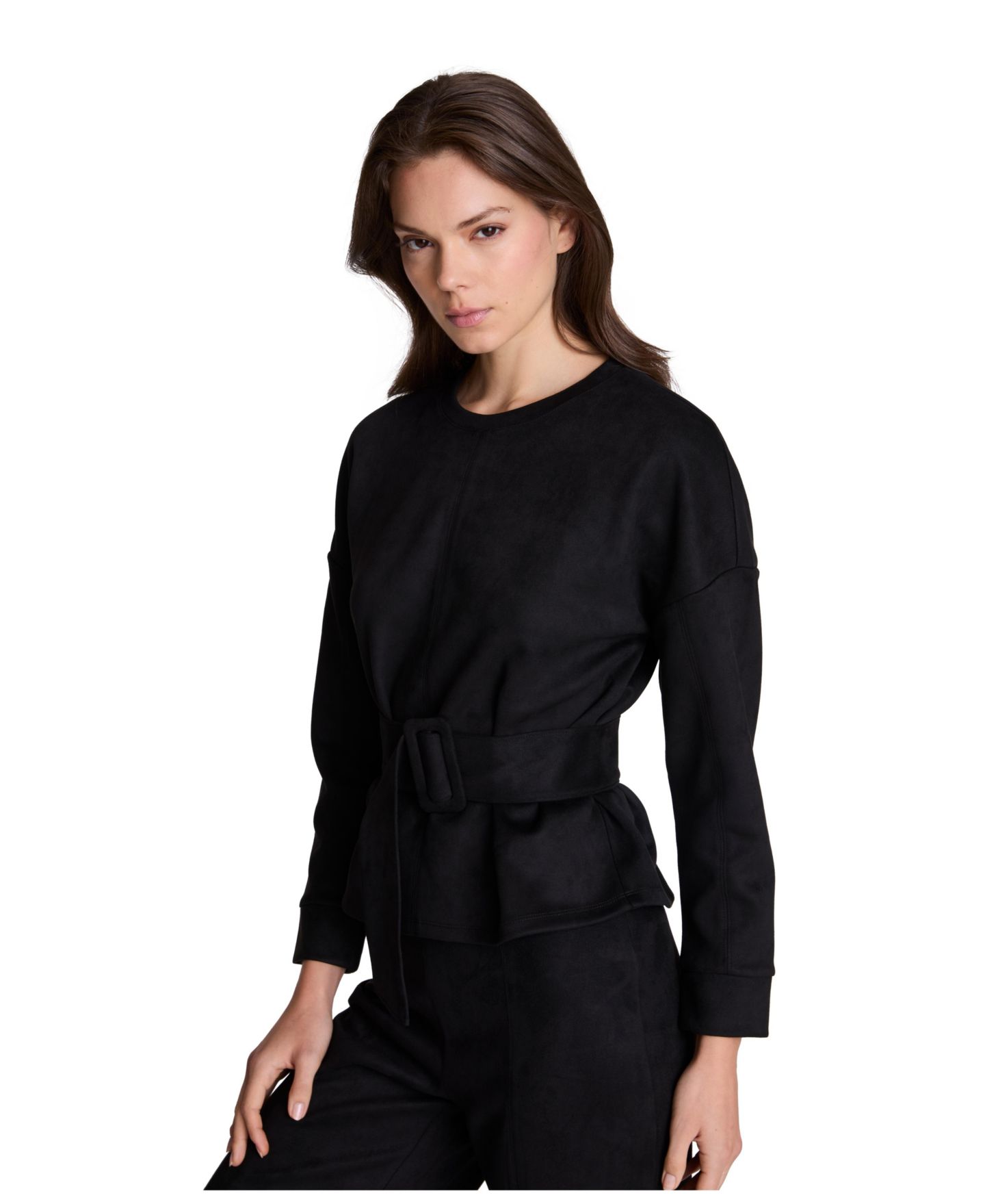 Женский свитер Kenneth Cole Faux Suede Belted Crewneck Long Sleeve Pullover, цвет: Чёрный — фото 3