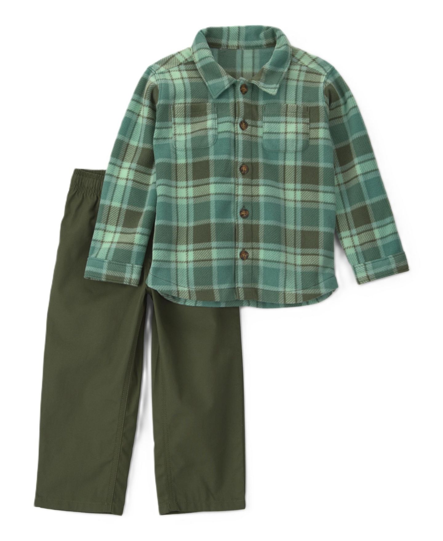Carter's Toddler Boys' 2T-5T Long-Sleeve Plaid Fleece Shacket and Canvas Pants, 2-Piece Set, цвет: Зелёный — фото 1