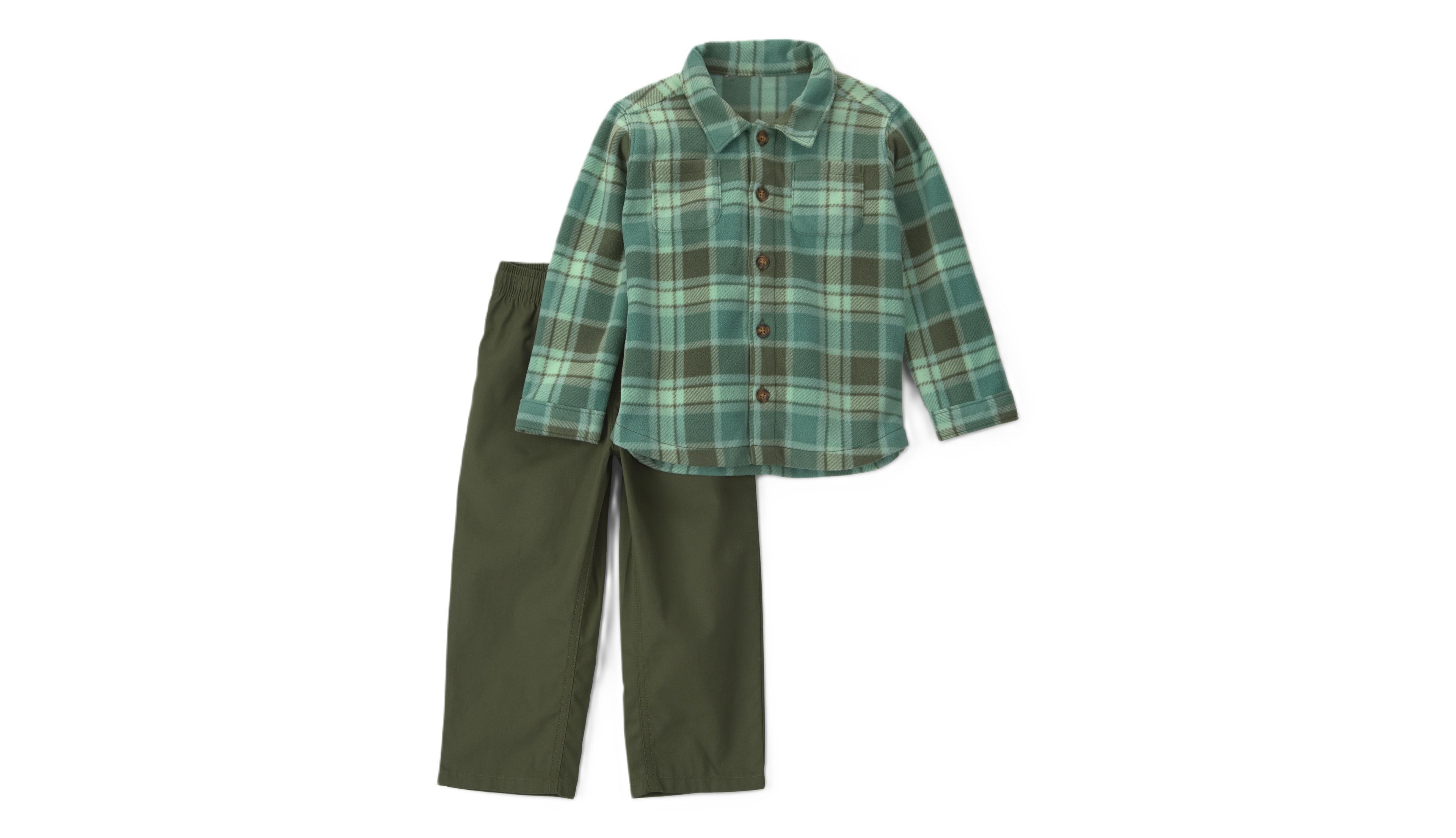 Carter's Toddler Boys' 2T-5T Long-Sleeve Plaid Fleece Shacket and Canvas Pants, 2-Piece Set