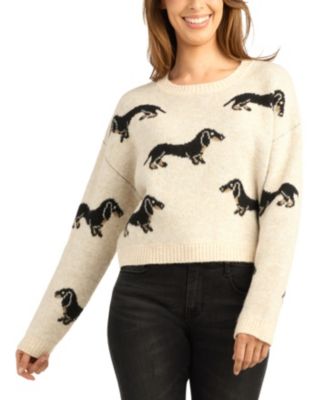 Juniors' Long-Sleeve Dog-Print Cropped Sweater