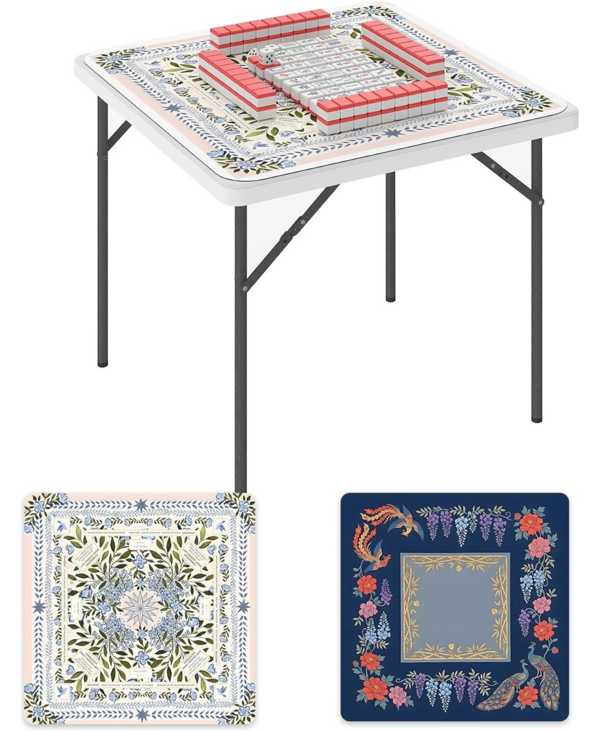 Homlux 35" Square Folding Mahjong Table with Mahjong Mat, Portable 4 Player Game Card Table for Poker, Domino, Indoor and Outdoor Party - Floral+ Navy