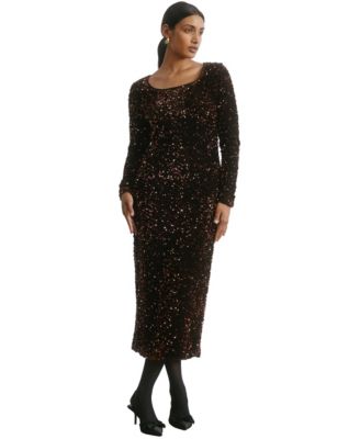 Women's Long-Sleeve Sequin Velvet Midi Dress