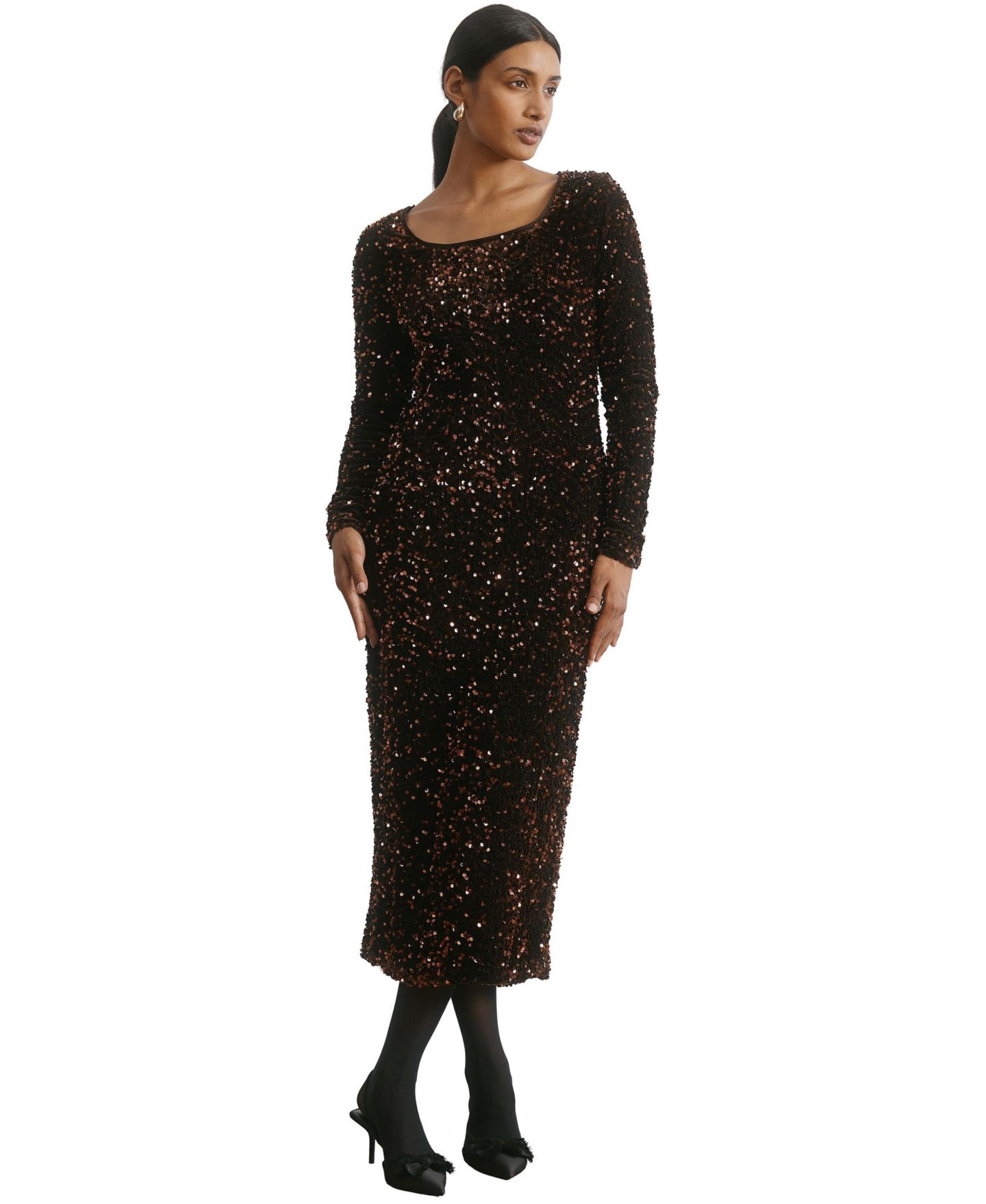 Женское платье Albaray Long-Sleeve Sequin Velvet Midi, цвет: Шоколадный — фото 1