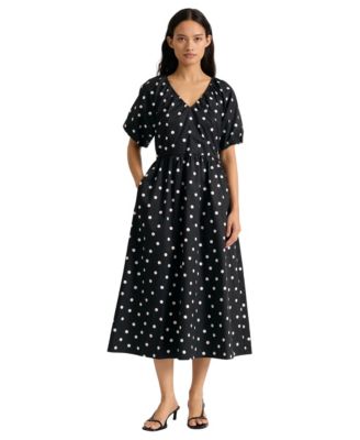 Women's Polka-Dot Puff-Sleeve V-Neck Midi Dress