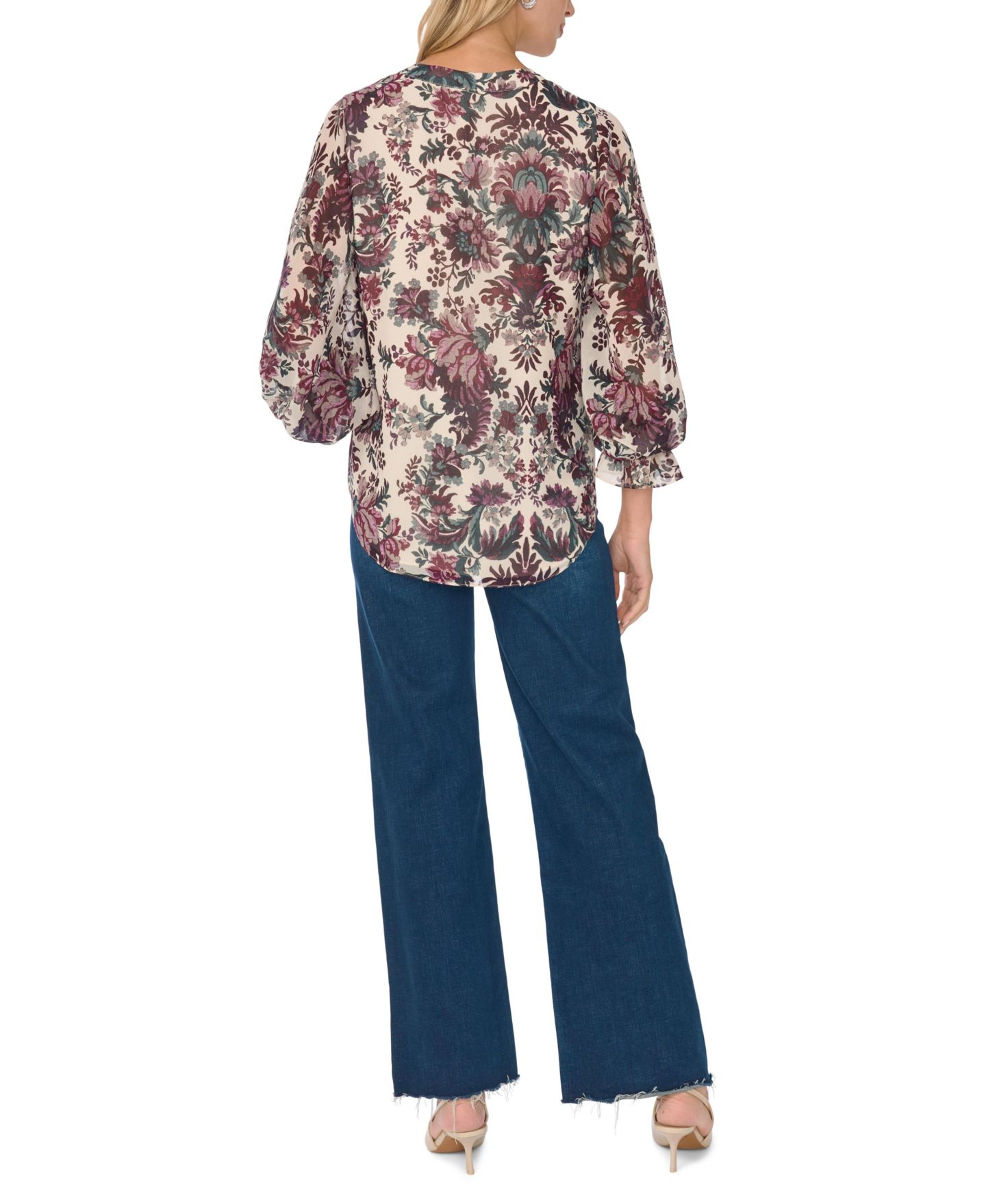 Женская блузка Vince Camuto Split Neck Floral-Print 3/4-Sleeve Chiffon, цвет: Rainy Day — фото 4