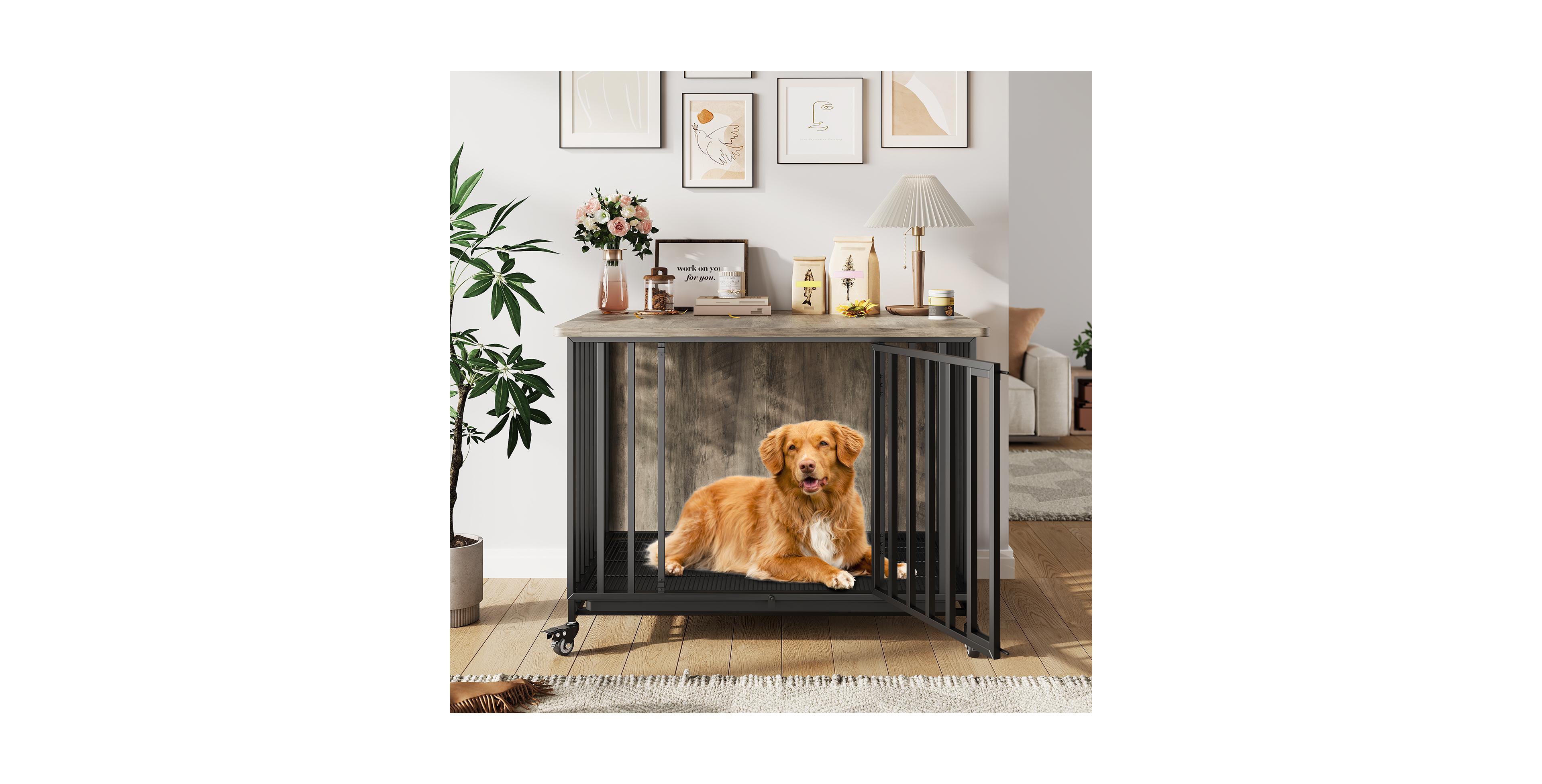 Lalfpet 39" Dog Crate Furniture, Chew-Resistant Kennel with Removable Tray, Lockable Wheels, Decorative End Table