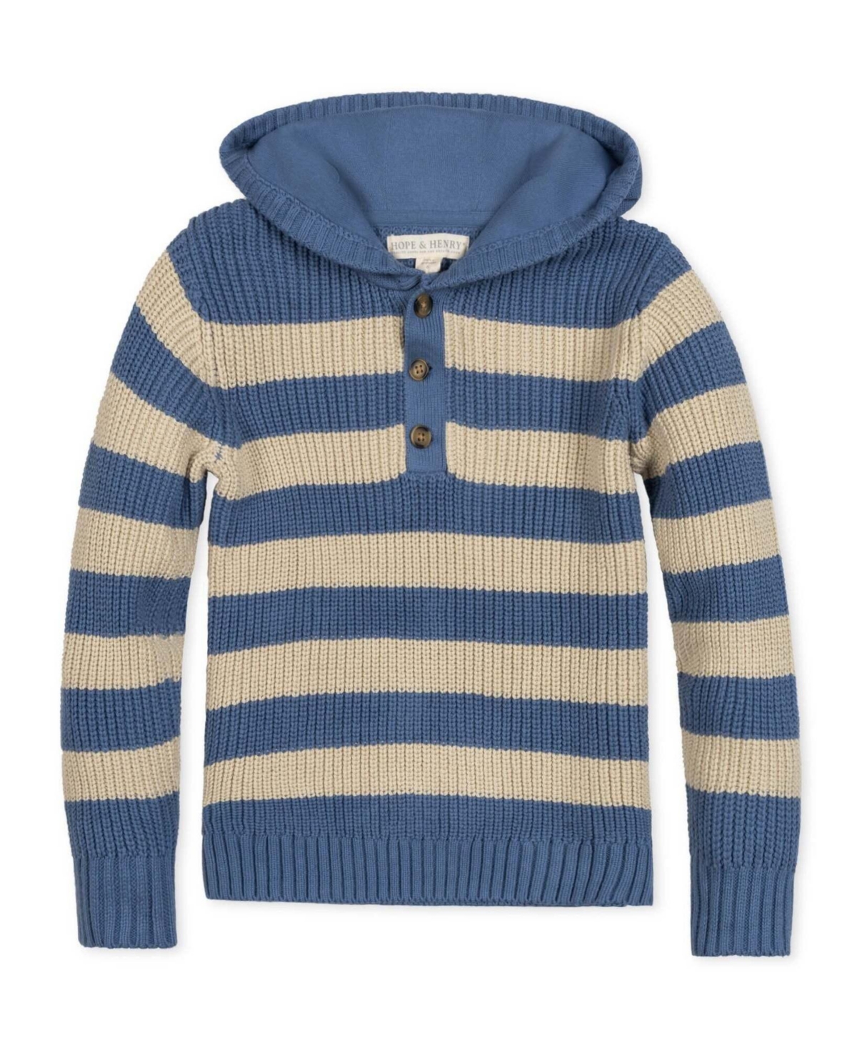 Hope & Henry Boys' 4-20 Hooded Henley Striped Organic Cotton Sweater - Blue and natural stripe