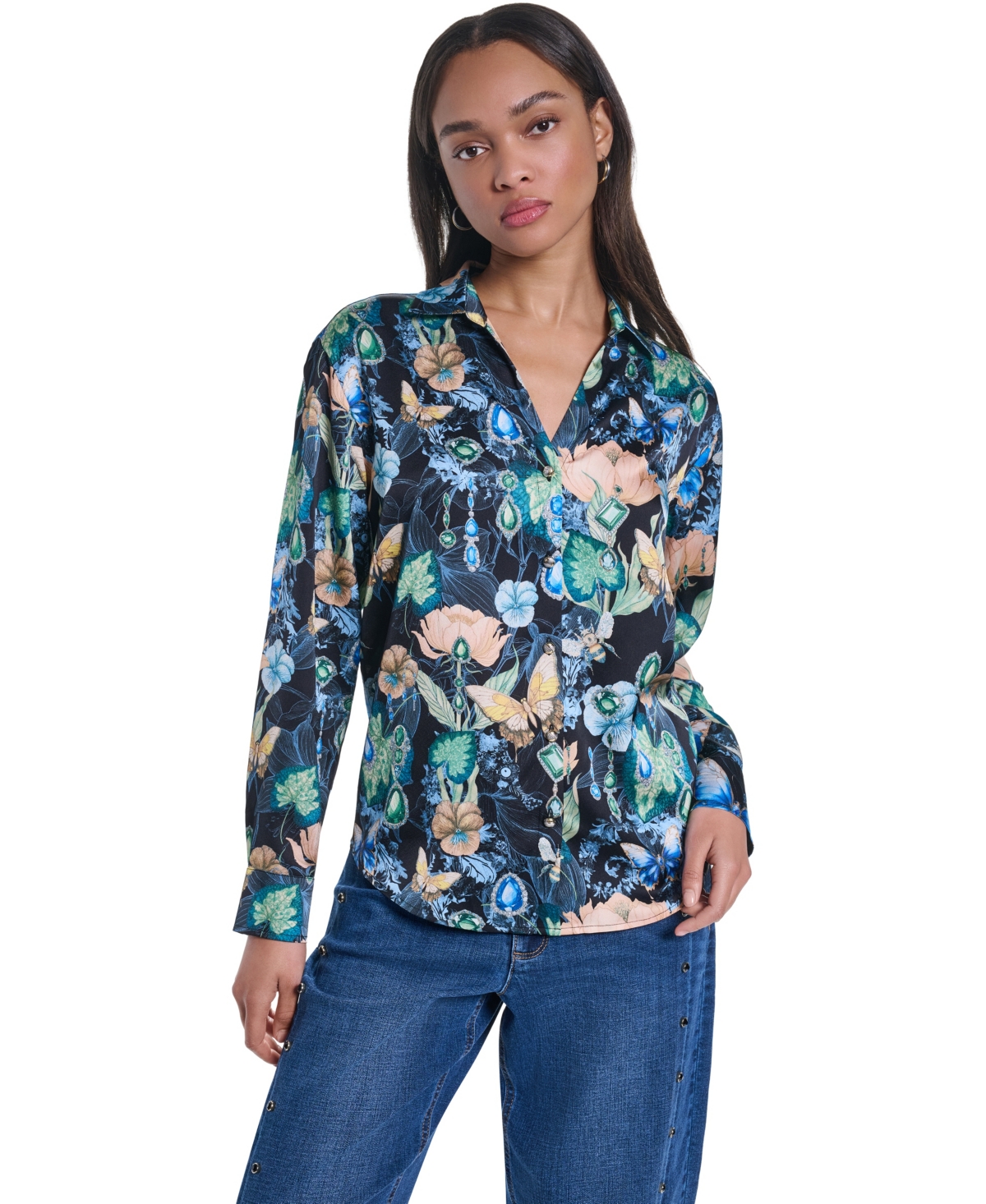 Karl Lagerfeld Paris Women's Oversized Collared Long-Sleeve Blouse