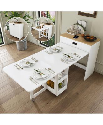 74" Extendable Marble-Surface Dining Table and Island with Power Socket and Storage