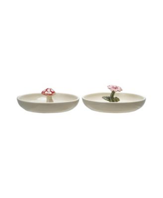 2-Piece Hand-Painted Flower and Mushroom Stoneware Dish Set, Multicolor