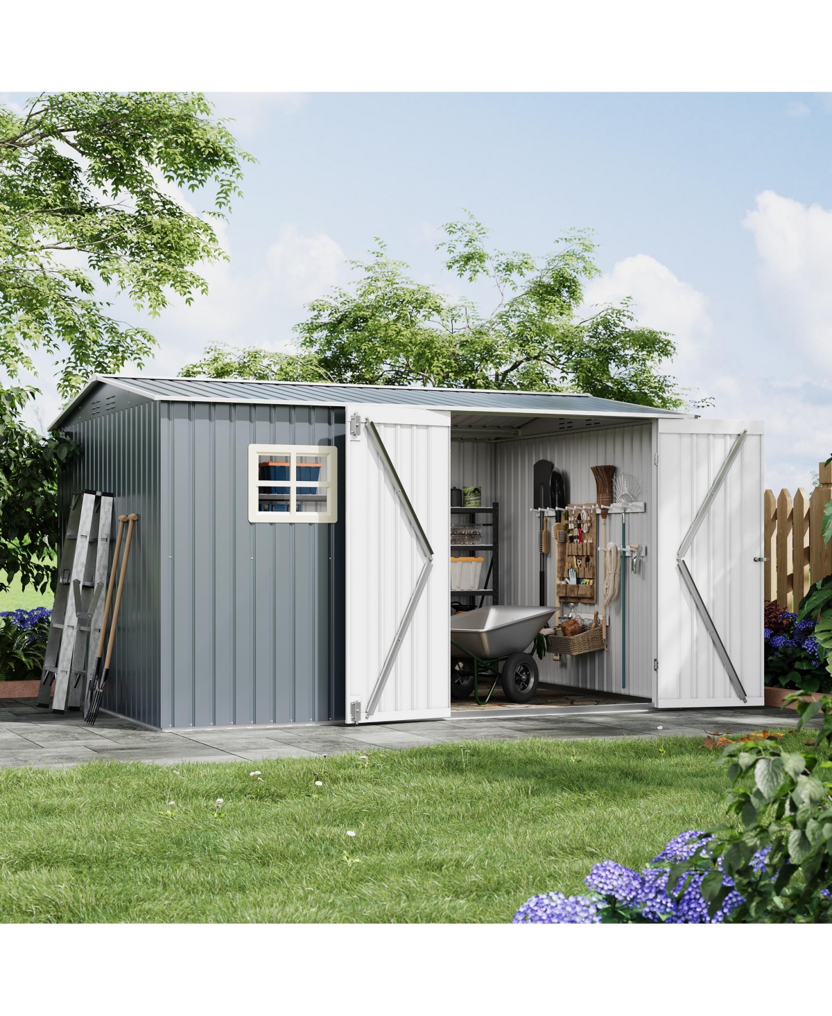 homfan 10 x 8 ft Metal Storage Shed with Sloped Roof and Lockable Doors, Heavy-Duty Outdoor Tool Shed for Backyard, Garden, Patio and Lawn, Gray