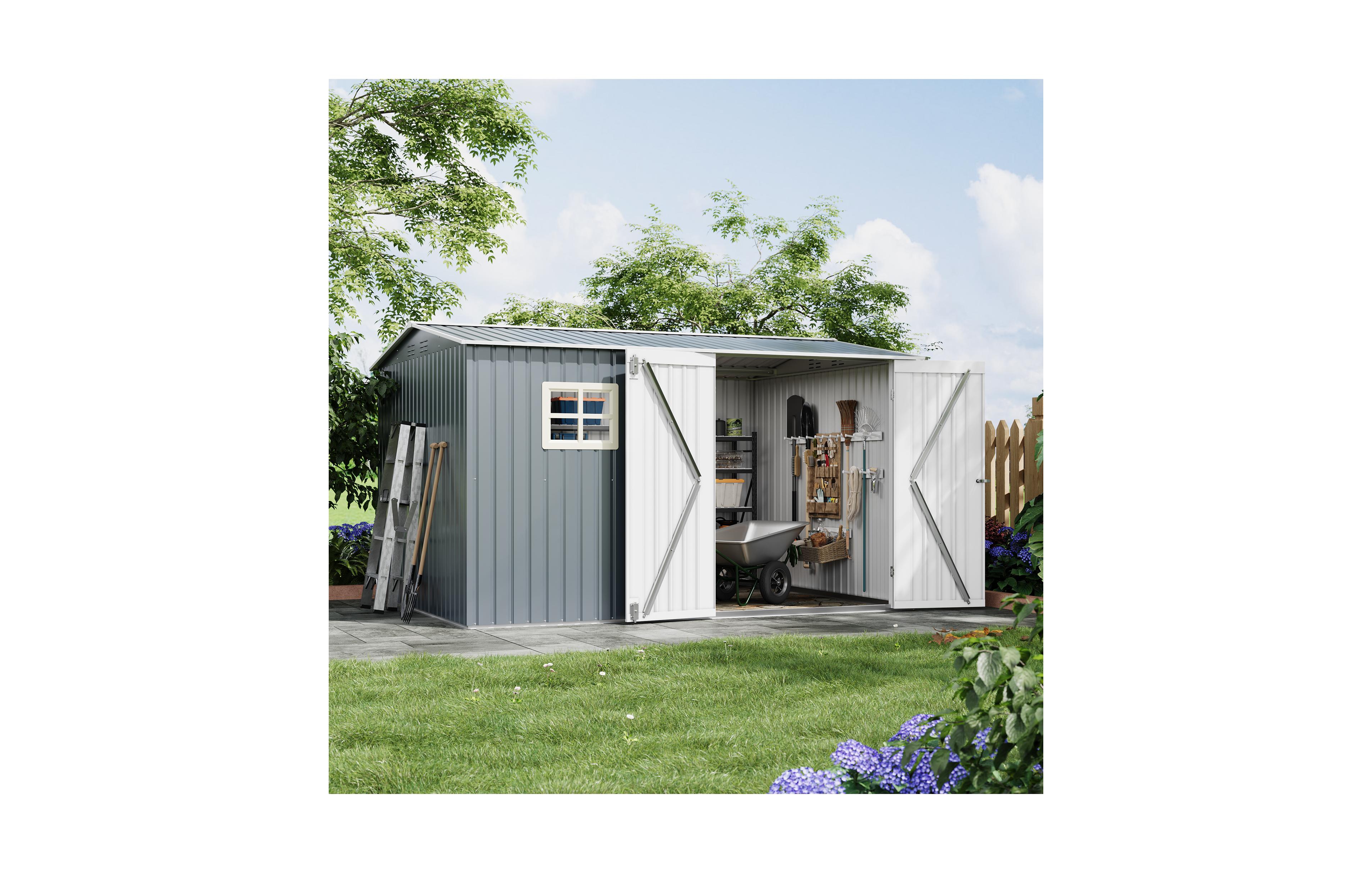 homfan 10 x 8 ft Metal Storage Shed with Sloped Roof and Lockable Doors, Heavy-Duty Outdoor Tool Shed for Backyard, Garden, Patio and Lawn, Gray