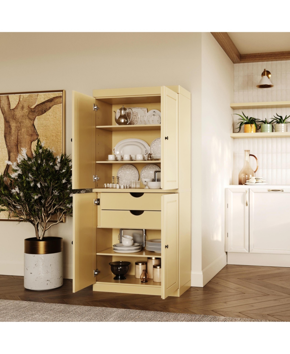 Palace Imports Solid Wood Kitchen Pantry Cabinet and Modular Storage, Shaker Doors, 2 Drawers, Adjustable Shelves, 32"W x 71.5"H - Yellow