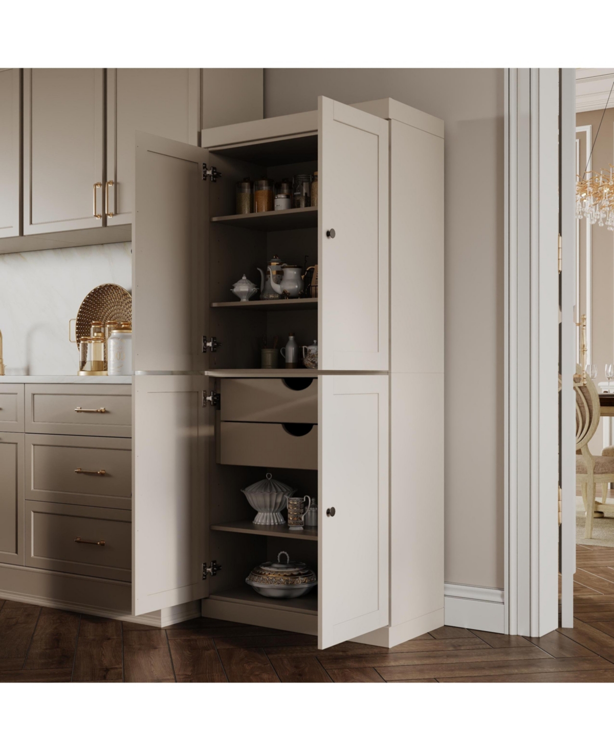 Palace Imports Solid Wood Kitchen Pantry Cabinet and Modular Storage, Shaker Doors, 2 Drawers, Adjustable Shelves, 32"W x 71.5"H - Beige