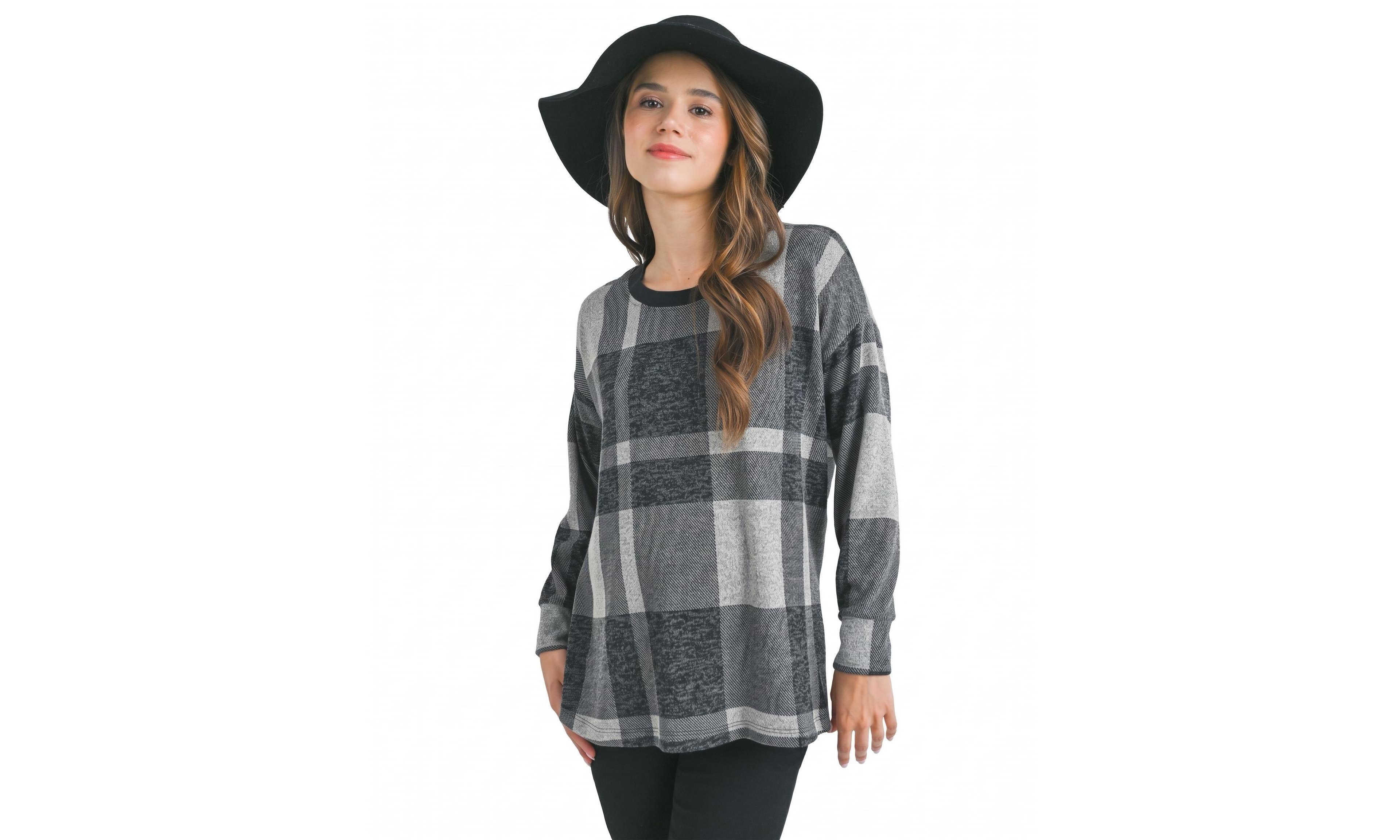 Hello Miz Maternity Plaid Crewneck Long-Sleeve Pullover