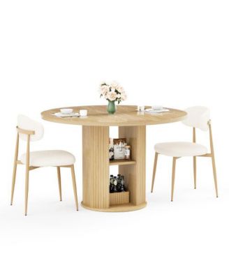 3-Piece Natural Wood Grain Dining Set - 47.2-inch Round Table with Double Shelves and 2 Velvet Chairs