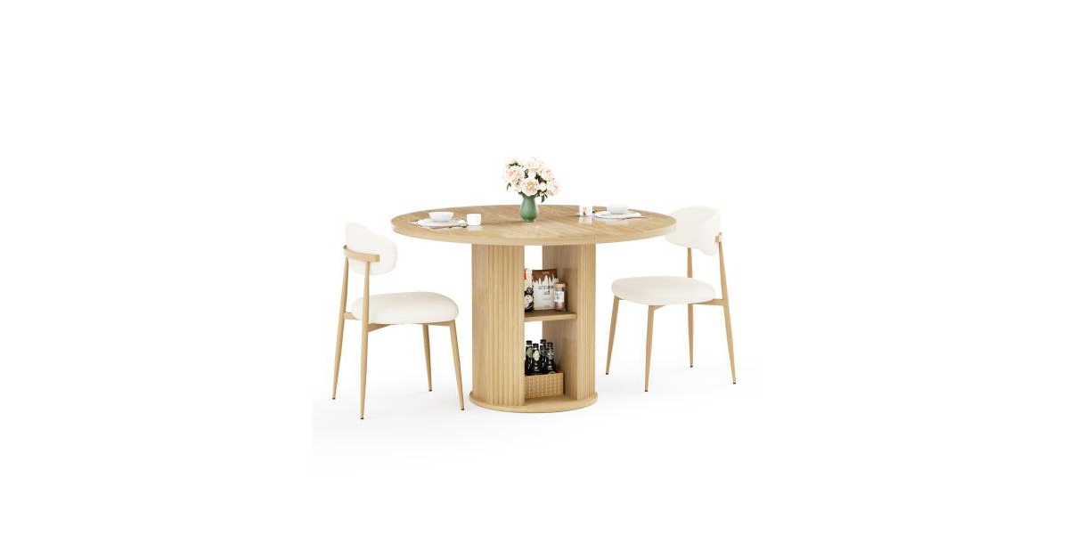Flynama 3-Piece Natural Wood Grain Dining Set - 47.2-inch Round Table with Double Shelves and 2 Velvet Chairs - Natural wood grain