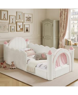 Twin Size Castle Bed with Guardrail, Curtain and Boucle Fabric