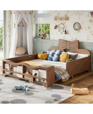  Full Size Kids Wooden Platform Bed with Bowknot Headboard and Guardrails