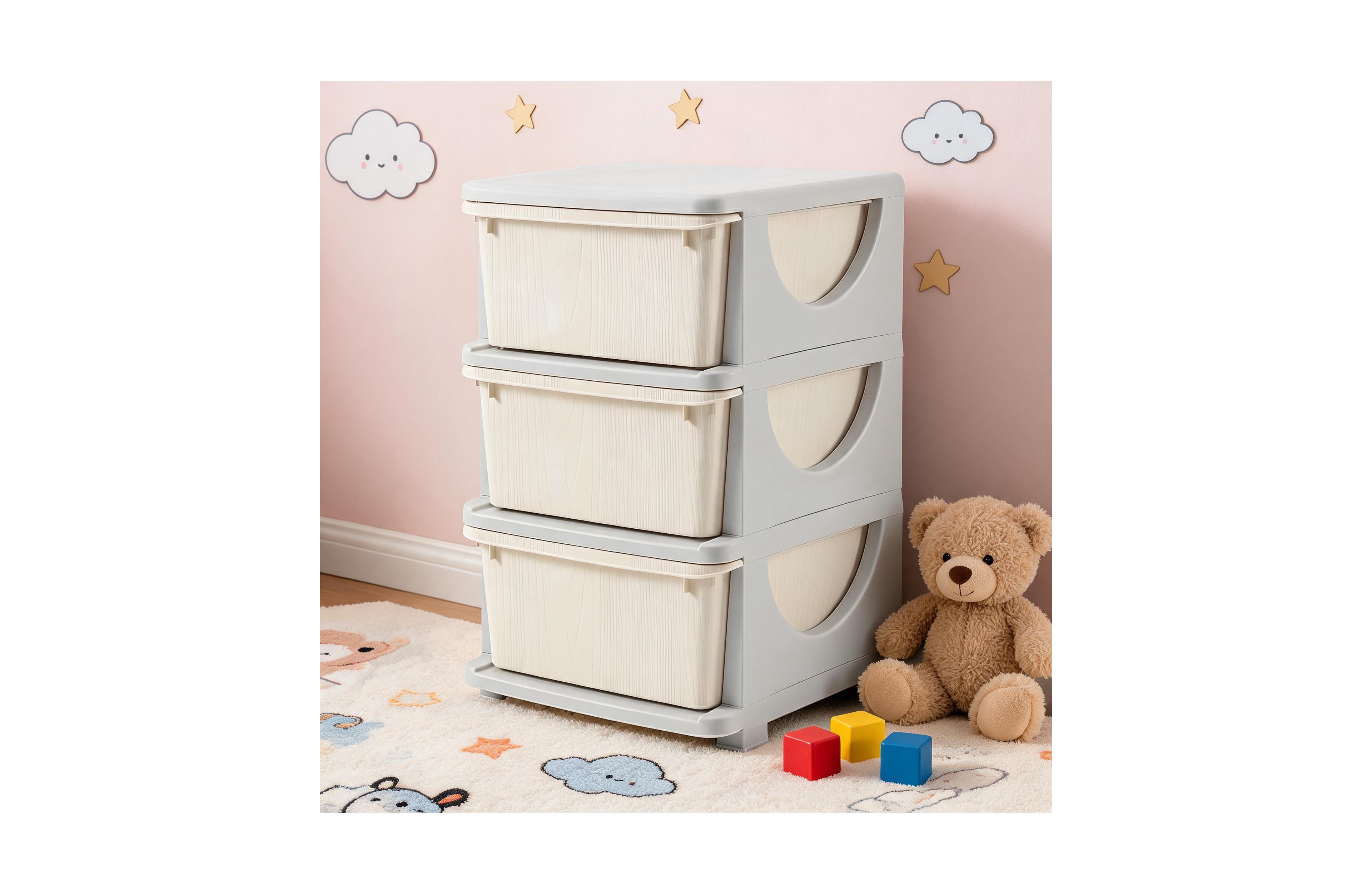 homfan 22.05 Inch 3-Tier Pe Rounded Corner Kids Storage Cabinet with 3 Pull-Out Drawers