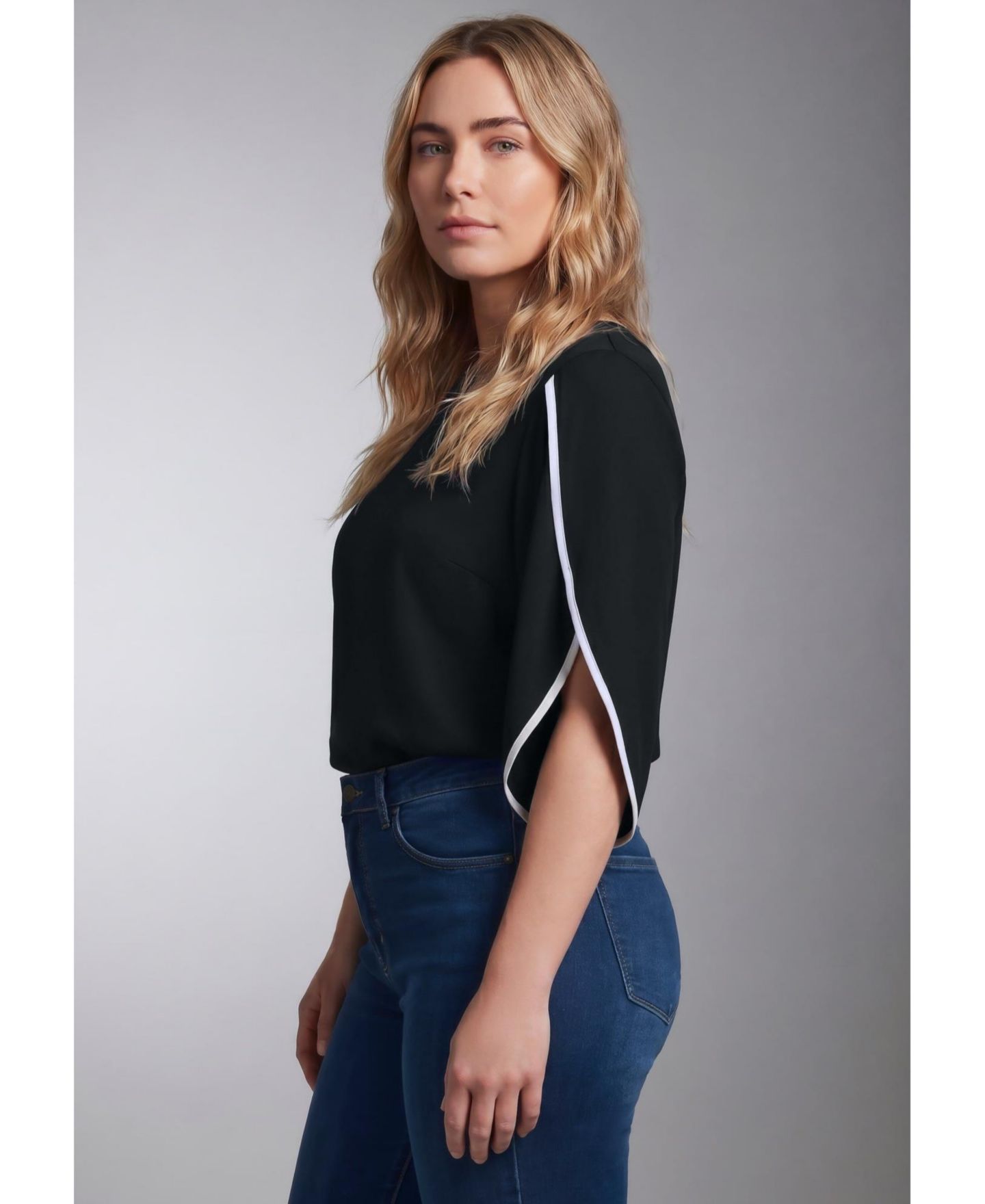 Женская блузка Avenue Plus Size Relaxed-Fit Contrast Tulip, цвет: Чёрный — фото 4