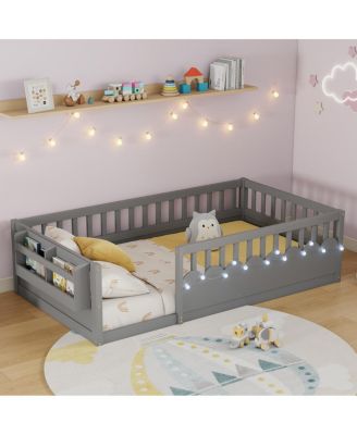 Twin Montessori Floor Bed with Rails, Light, Storage