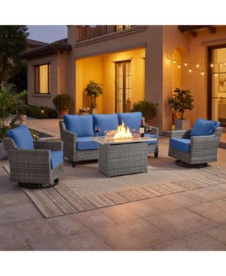 4-Piece Horiz All-Weather Wicker Patio Set with Fire Pit Table and Swivel Rocker Chairs,6-in Thick Cushions