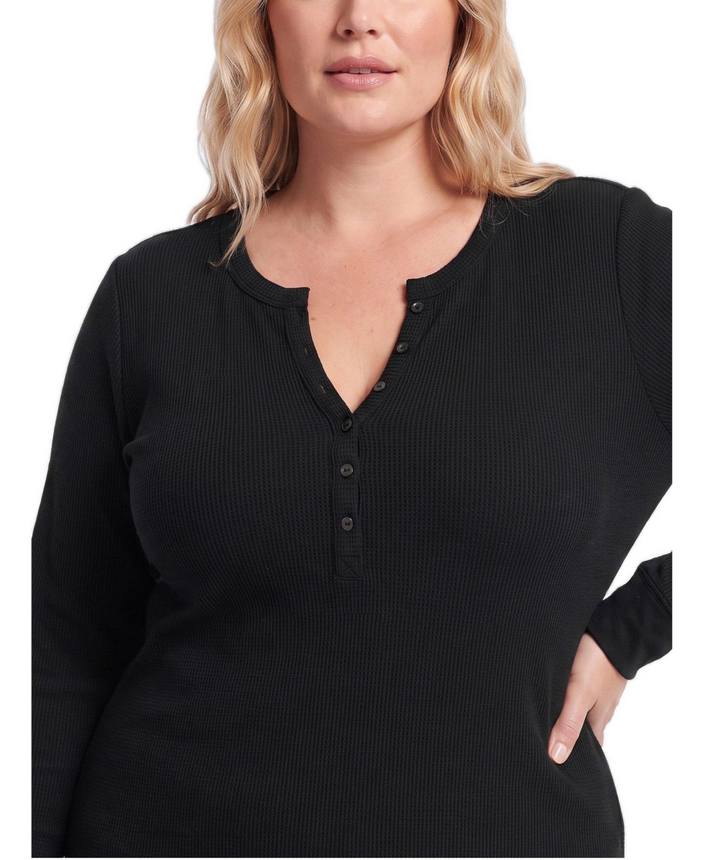 Женский топ Torrid Plus Size Thermal V-Neck 3/4-Sleeve Henley, цвет: Глубокий чёрный — фото 3