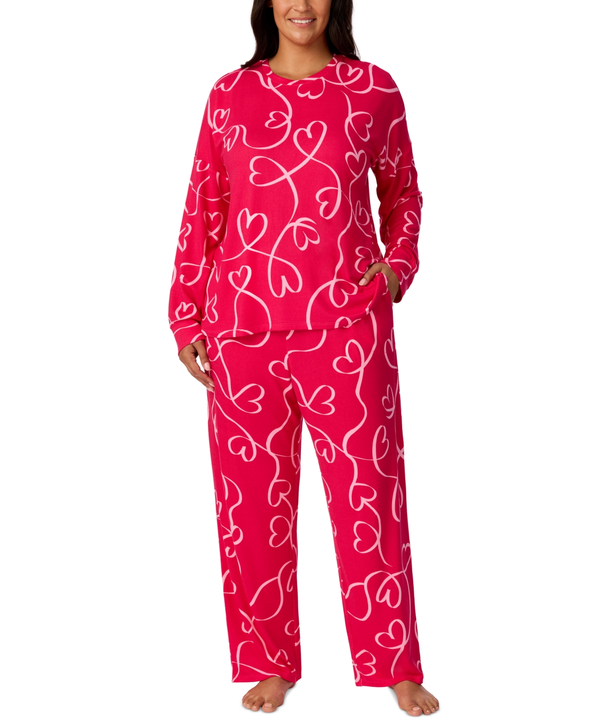 Ellen Tracy Plus Size Double-Brushed Sweater-Knit Print Long-Sleeve Long-Pant Pajama Set, 2-Piece Set - Red Novl