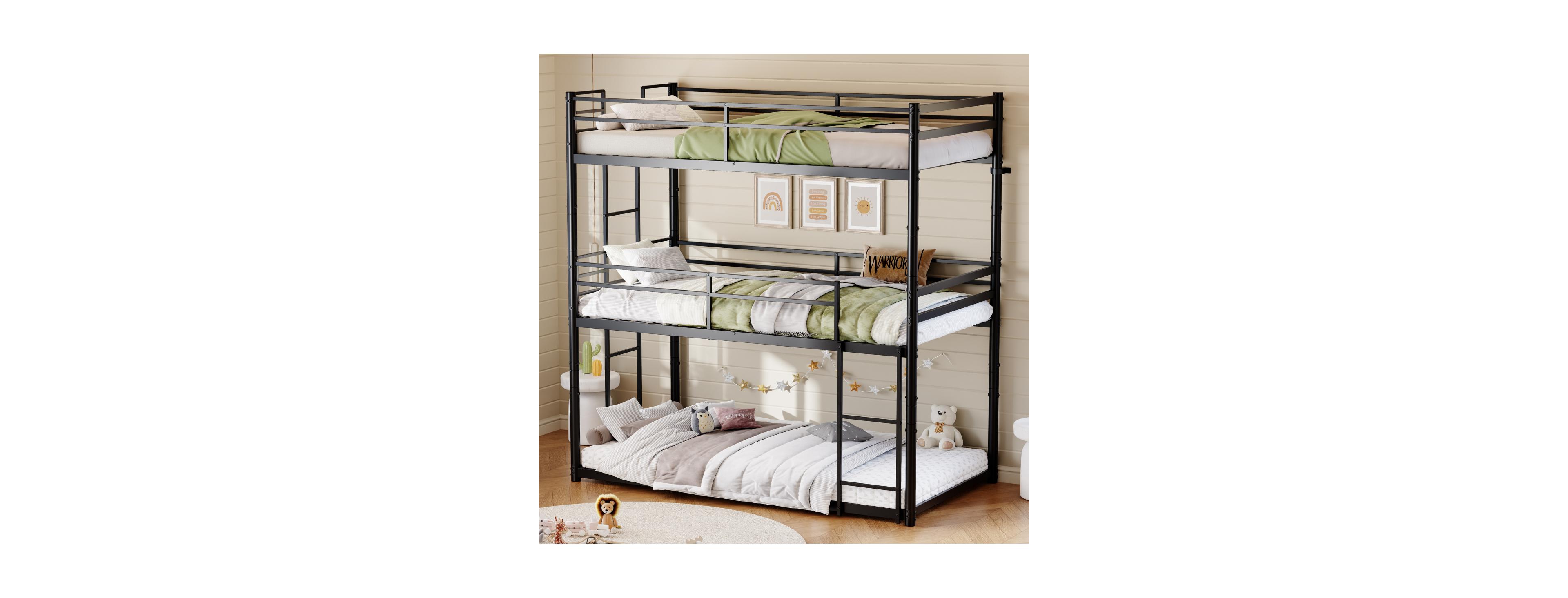 Streamdale Furniture Metal Triple Twin Bunk Bed with Ladders and Guardrails