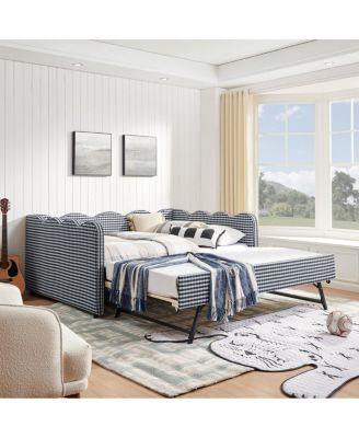  Full Size Gingham Daybed with Twin Trundle, USB Port, Wave Back, Linen