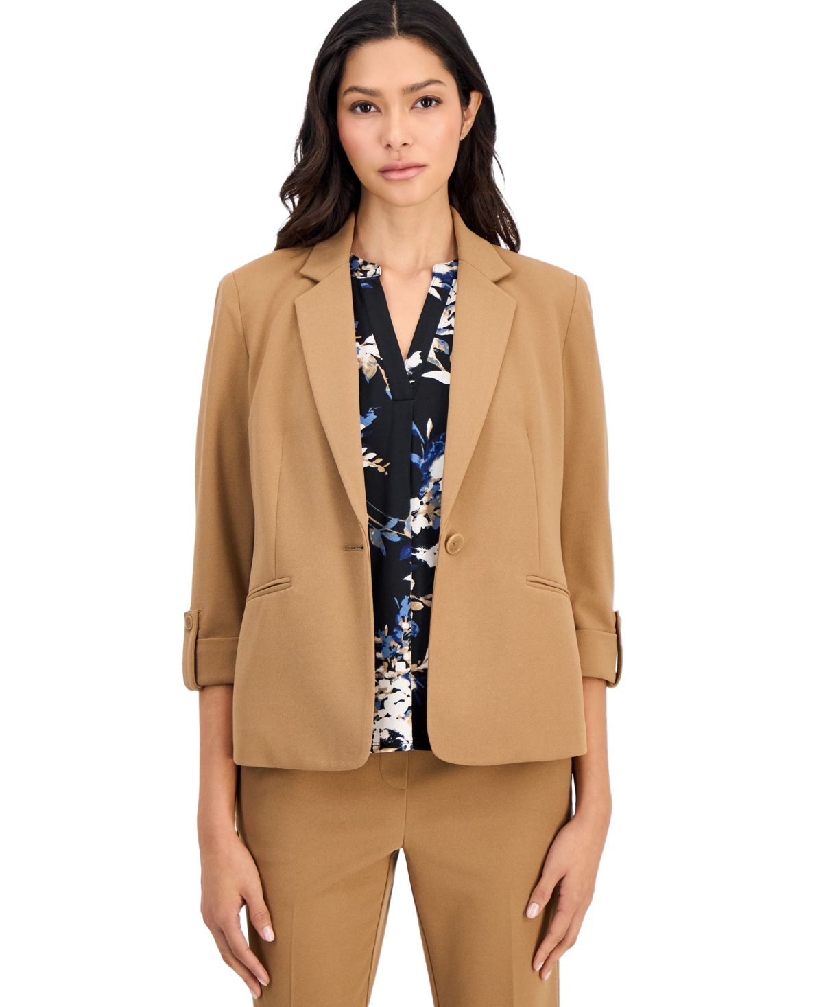 Ak Anne Klein Petite 3/4-Sleeve One-Button Blazer - Vicuna