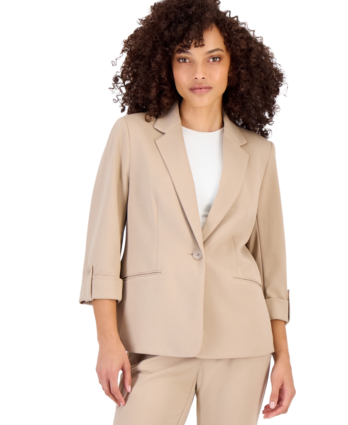 Ak Anne Klein Petite 3/4-Sleeve One-Button Blazer - Latte