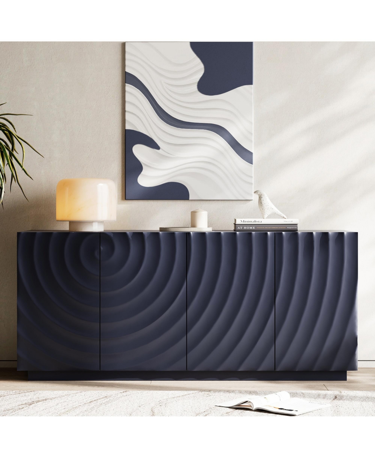 Clihome 59 Inch 4-Door Mdf Modern Textured Freestanding Sideboard Buffet Cabinet - Navy blue