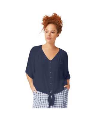 Women's V-Neck Crinkle Tie-Front Elbow-Sleeve Blouse