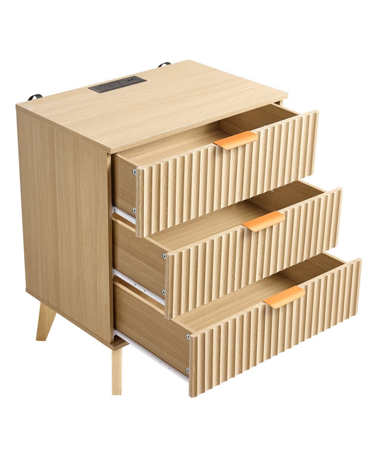 Gouun 24 Inch Three Drawer Fluted Nightstand with Built In Charging Station - Khaki