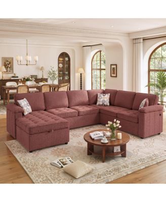 Modern U-Shaped Chenille Sectional Sofa with Storage Chaise and USB
