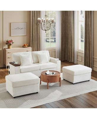 Double Chaise Sectional Corduroy Sofa with USB, Speakers and Ottomans