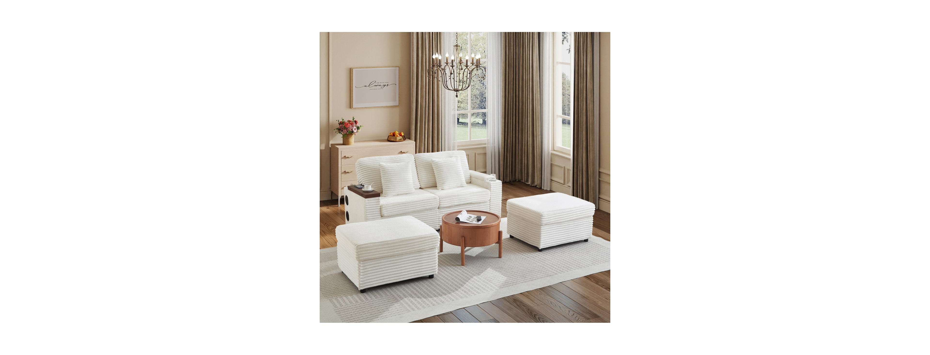 Streamdale Furniture Double Chaise Sectional Corduroy Sofa with Usb, Speakers and Ottomans